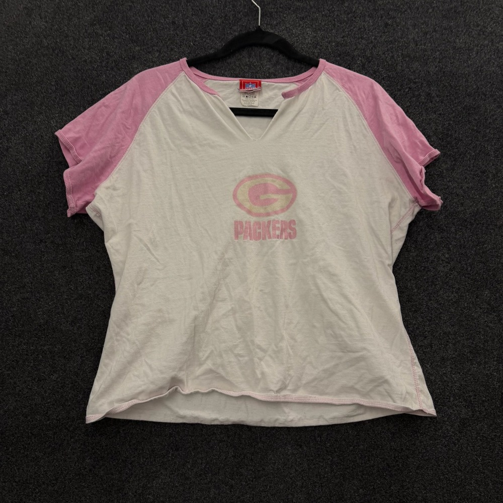 Vintage Green Bay Packers Baby Tee Pink White Raglan Shirt XL KW36